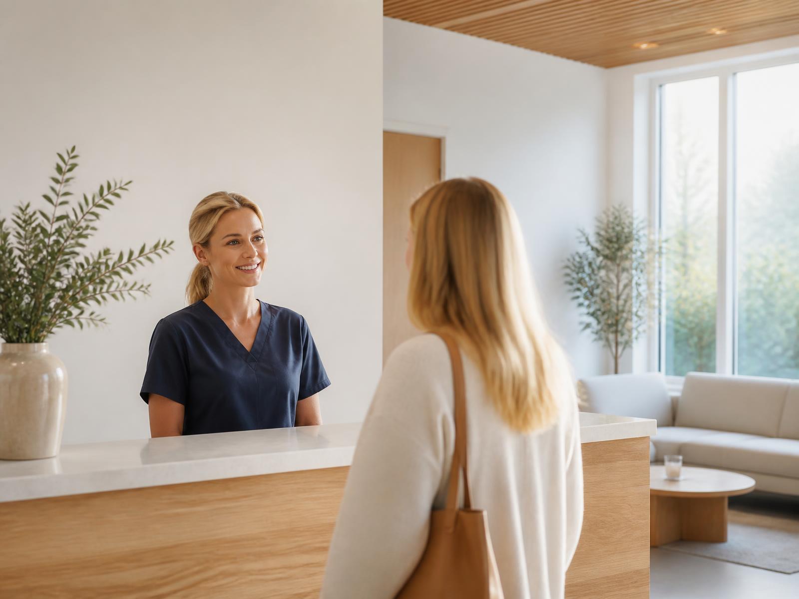 Recepția clinicii KindMedica din Brașov, cu asistentă medicală care întâmpină o pacientă